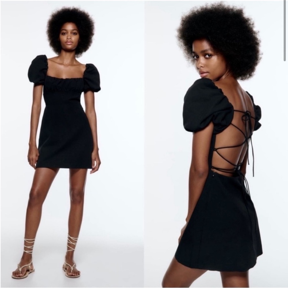 ZARA Puff Sleeve Linen Blend Tie Back Open Back Mini Dress Black M NWT